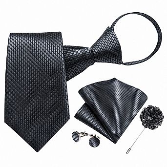 Silk Pre Tied Zipper Tie Set With Pocket Square Cufflinks Lapel Pin Gift Box