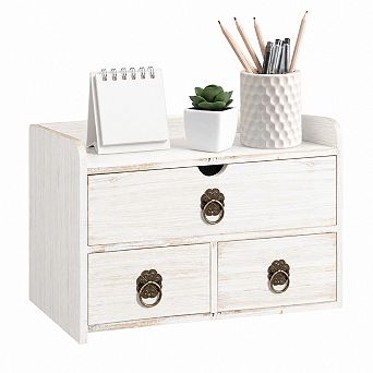 White Wood Desk Organizer With Drawers Rustic Farmhouse Storage For Home Office