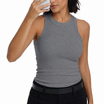Womens Racerback High Neck Fitted Ribbed Tank Top Soft Stretchy Casual Wear
