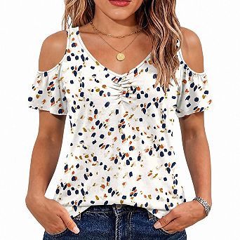 Women Cold Shoulder V Neck Short Sleeve Ruffle Blouse Casual Dressy Top