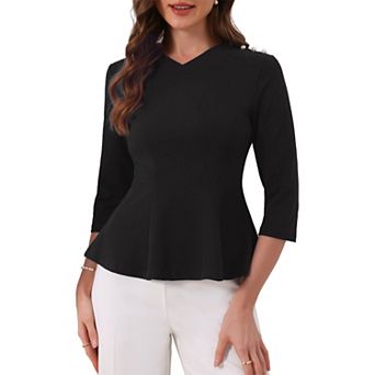 3/4 Sleeve Peplum Top for Women's Elegant V Neck Work Office Blouse