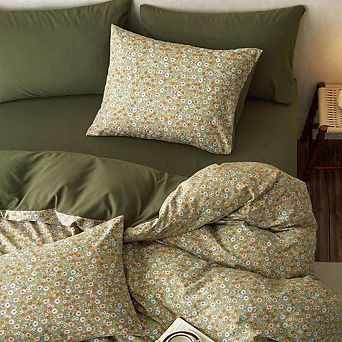 Twin Floral Duvet Cover Set 3 pc Olive Green, Soft Lightweight Bedding