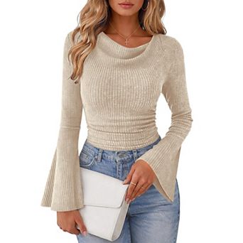 Women's Bell Sleeve Cowl Neck Ribbed Knit Crop Tops
