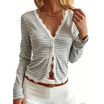Women's V Neck Striped Lace Cardigan Long Sleeve Button Down Cover Up
