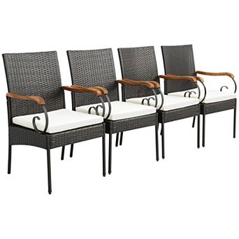 Hand Woven PE Wicker Outdoor Patio Chair with Acacia Wood Armrests