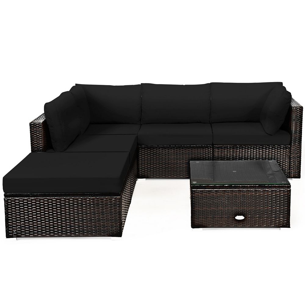 6 Piece Outdoor Wicker Sectional Sofa Set with Tempered Glass Table