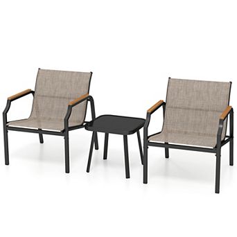 3 pc Outdoor Patio Chair Set with Fabric Seats and Glass Table