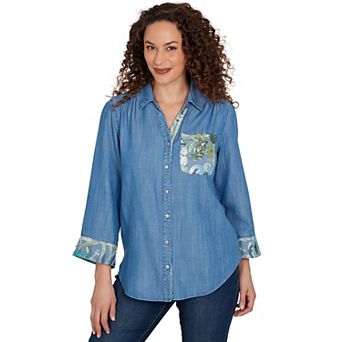 Petite Alfred Dunner Soft Denim Sequined Button Front Top