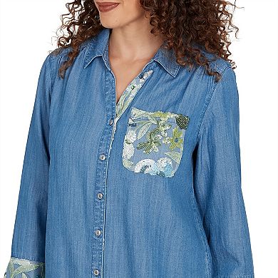 Petite Alfred Dunner Soft Denim Sequined Button Front Top