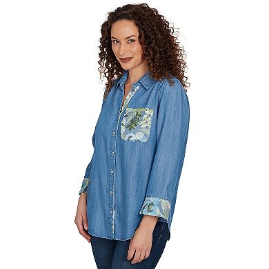 Petite Alfred Dunner Soft Denim Sequined Button Front Top