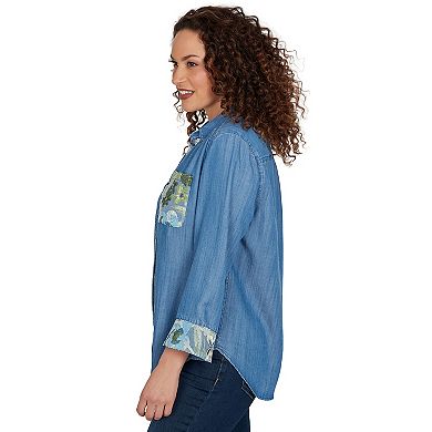 Petite Alfred Dunner Soft Denim Sequined Button Front Top