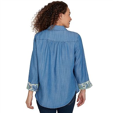 Petite Alfred Dunner Soft Denim Sequined Button Front Top