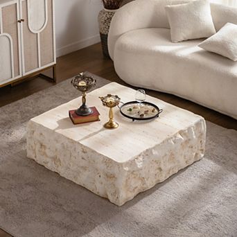 KWPZQEB Mid-Century Square Coffee Table, Vintage Faux Stone Center Table for Living Room