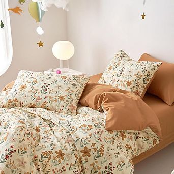 Twin Floral Duvet Cover Set, 3 pc Lightweight Bedding, Orange Cream