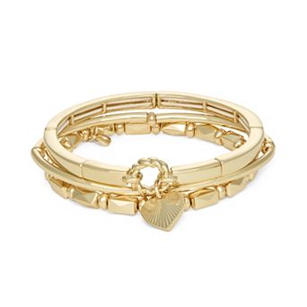 Nine West Gold Tone Textured Heart 3 pc Beaded Stretch Bracelet Set