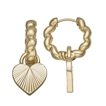 Nine West Gold Tone Textured Heart Charm Hoop Earrings