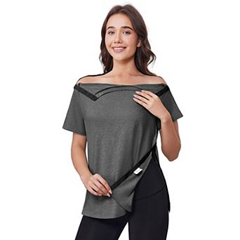 PINSPARK Womens Short Sleeve Tear Away Adaptive Tops Shoulder Surgery Chemo Port Wear