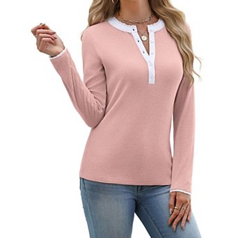 Zeagoo Women's Soft Ribbed Knit Long Sleeve Top Scalloped Lace Neck Henley Blouse