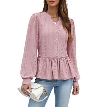 Zeagoo Women's Eyelet Knit Peplum Henley Half Button Puff Long Sleeve Pullover Top