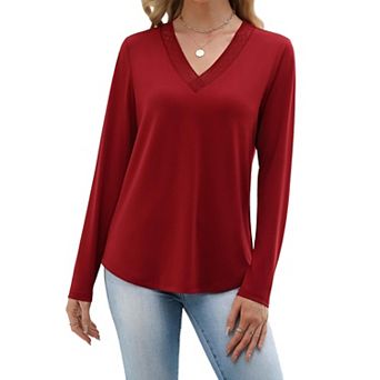 Zeagoo Women's Eyelet Lace Trim V Neck Long Sleeve Tunic Top