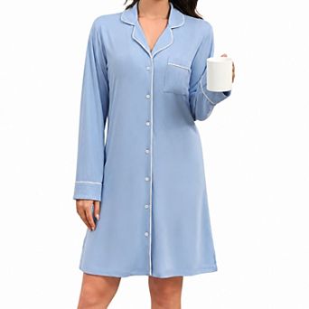 Ekouaer Women's Long Sleeve Striped Nightgown Button Down Sleep Shirt with Pocket