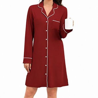 Ekouaer Women's Long Sleeve Striped Nightgown Button Down Sleep Shirt with Pocket