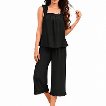 Ekouaer Women's 2 pc Ruffle Pajama Set Sleeveless Top & Capri Pants