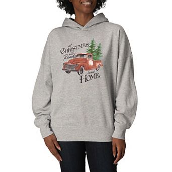 Women's “At Christmas All Roads Lead Home” Vintage Red Truck Oversized Fleece Hoodie Sweatshirt