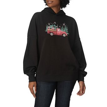 Women's Vintage Red Truck Christmas Tree & Gifts Oversized Fleece Hoodie Sweatshirt