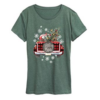 Women's "Merry X-mas" Vintage Red Truck Graphic Tee