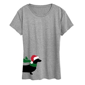 Women's Dachshund Santa Hat & Scarf Graphic Tee