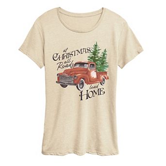 Women's “At Christmas All Roads Lead Home” Vintage Red Truck Graphic Tee