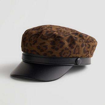 Women's LaValentina Leopard Print Military Cap with Faux Leather Brim