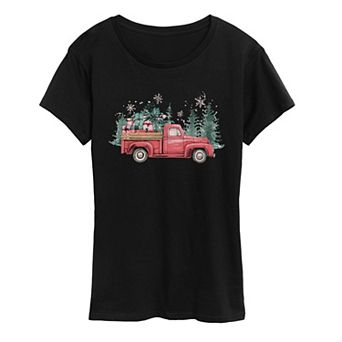 Women's Vintage Red Truck Christmas Tree & Gifts Graphic Tee