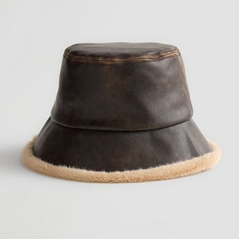 Women's LaValentina Distressed Faux Leather Bucket Hat With Sherpa Trim