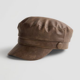 Women's LaValentina Solid Faux Leather Military Cap Baker Boy Hat with Short Brim