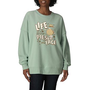 Women's Peanuts Spike "Life Is A Series Of Pies In The Face" Oversized Fleece Crew Sweatshirt