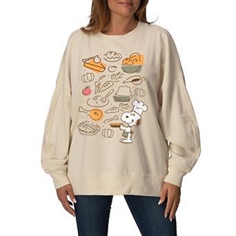 Women's Peanuts Snoopy Thanksgiving Food Oversized Fleece Crew Sweatshirt