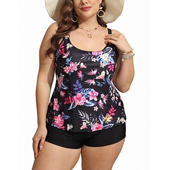 Women's Plus Size Two Piece Printed Halter Top Swimset With Shorts