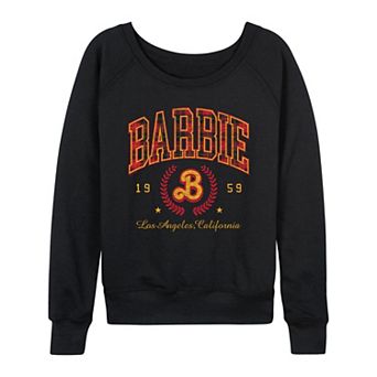 Women's Barbie Collegiate Christmas Plaid Logo French Terry Long Sleeve Tee