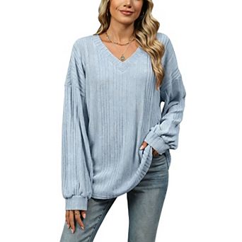 Womens V Neck Ribbed Tops Long Sleeve Casual Shirts