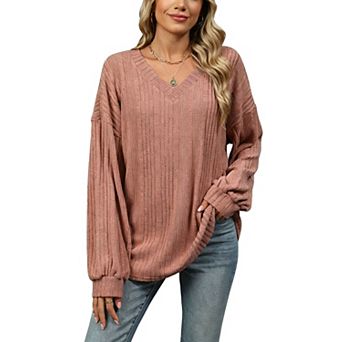 Womens V Neck Ribbed Tops Long Sleeve Casual Shirts