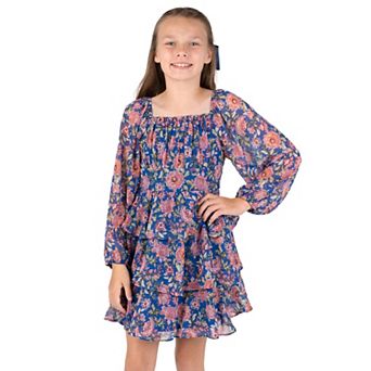 Girls 7-16 Rare Editions Printed Lurex Chiffon Dress with Bow