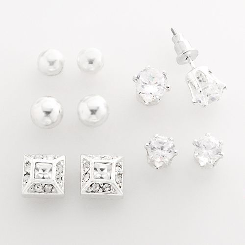 Silver Tone Simulated Crystal Stud Earring Set