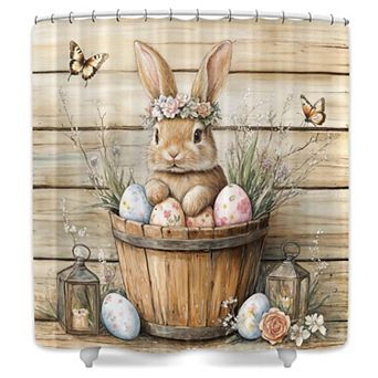 Wooden Bucket Bunny Easter Shower Curtains for Bathroom Waterproof Decor 72x72 Inch
