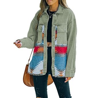 Women's Retro Mid-Length Denim Jacket Frayed Edge Patchwork Button Up Casual Outerwear
