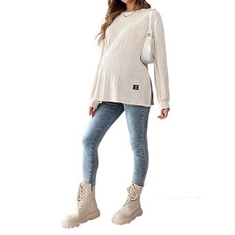 Women's Round Neck Textured Maternity Long Sleeve Top Solid Color Side Slit Casual Pregnancy Blouse