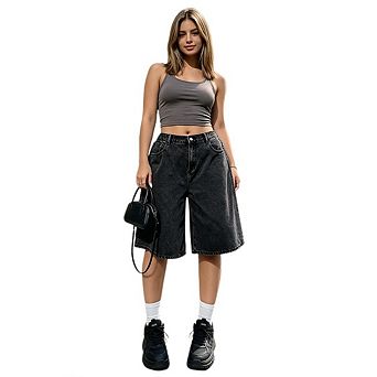 Women's Plus Size High Waist Button Pant Straight Wide Leg Knee Length Jean Shorts With Pockets