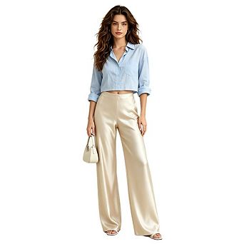 Satin High Waist Wide Leg Pants for Women Elegant Flowy Straight Leg Trousers Casual Office Pants