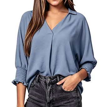 Women's V Neck Blouse - 3/4 Sleeve Smocked Cuff Loose Fit Casual Flowy Tunic Shirt